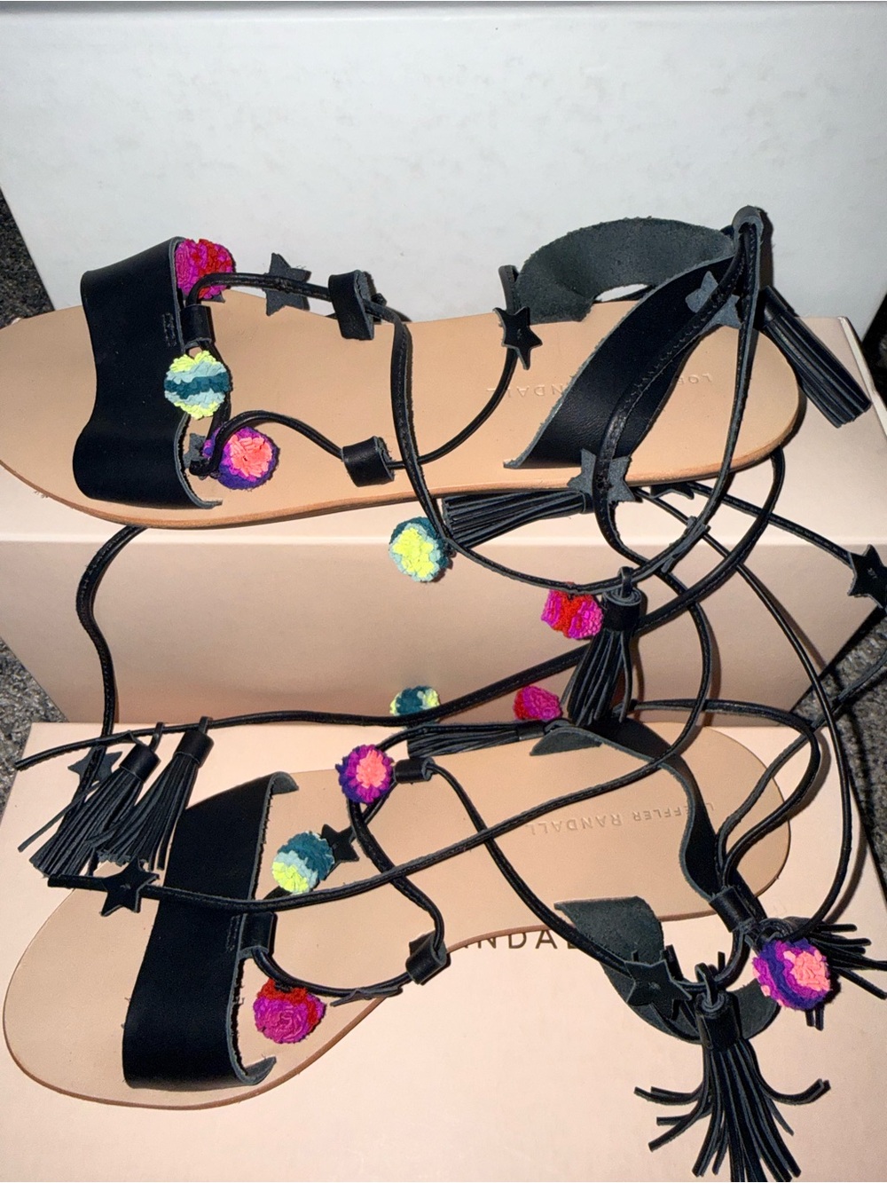 Loeffler Randall Black Lace-Up Sandals with Multicolor Pom-Poms